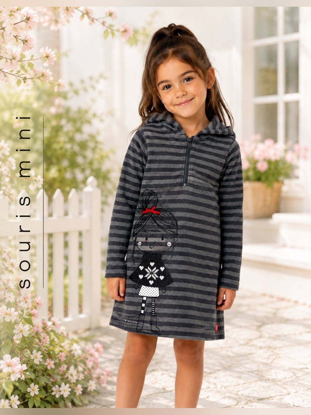 Souris Mini Gray Striped Hooded Dress Girls Size 2T Graphic Long Sleeve